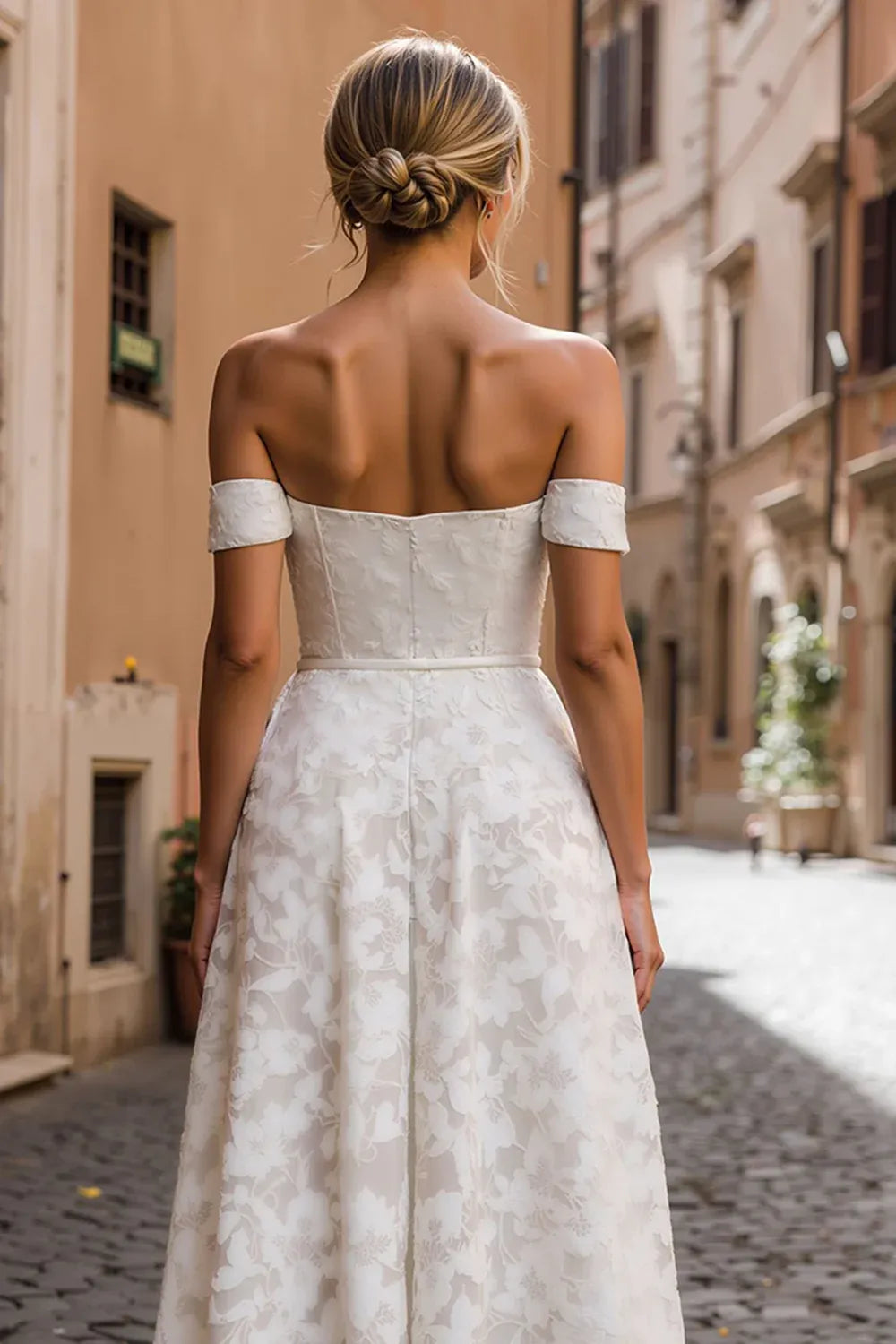 Off-the-Shoulder Floral Lace Midi Wedding Dress with Pockets
