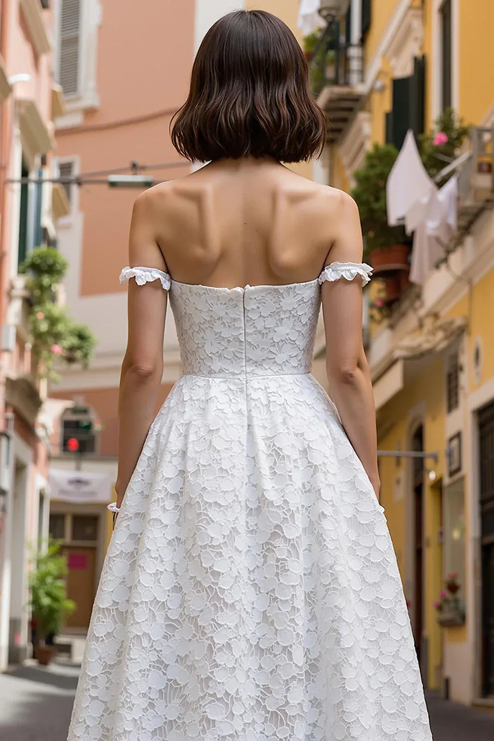 Off-the-Shoulder Floral Lace Midi Wedding Dress with Pockets