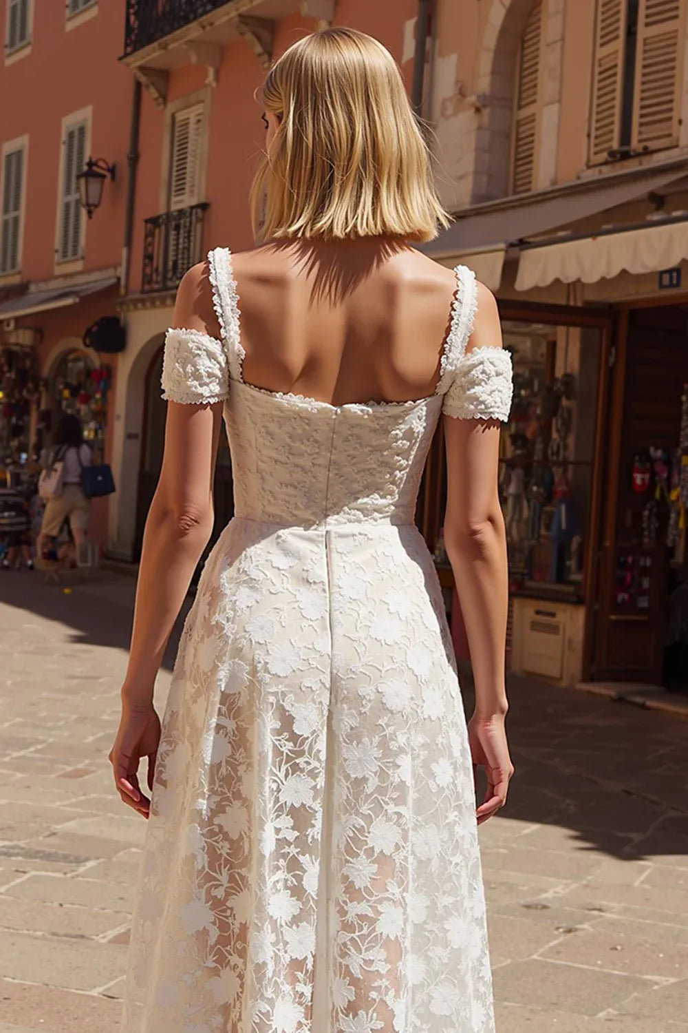 Off-the-Shoulder Floral Lace Midi Wedding Dress with Slit
