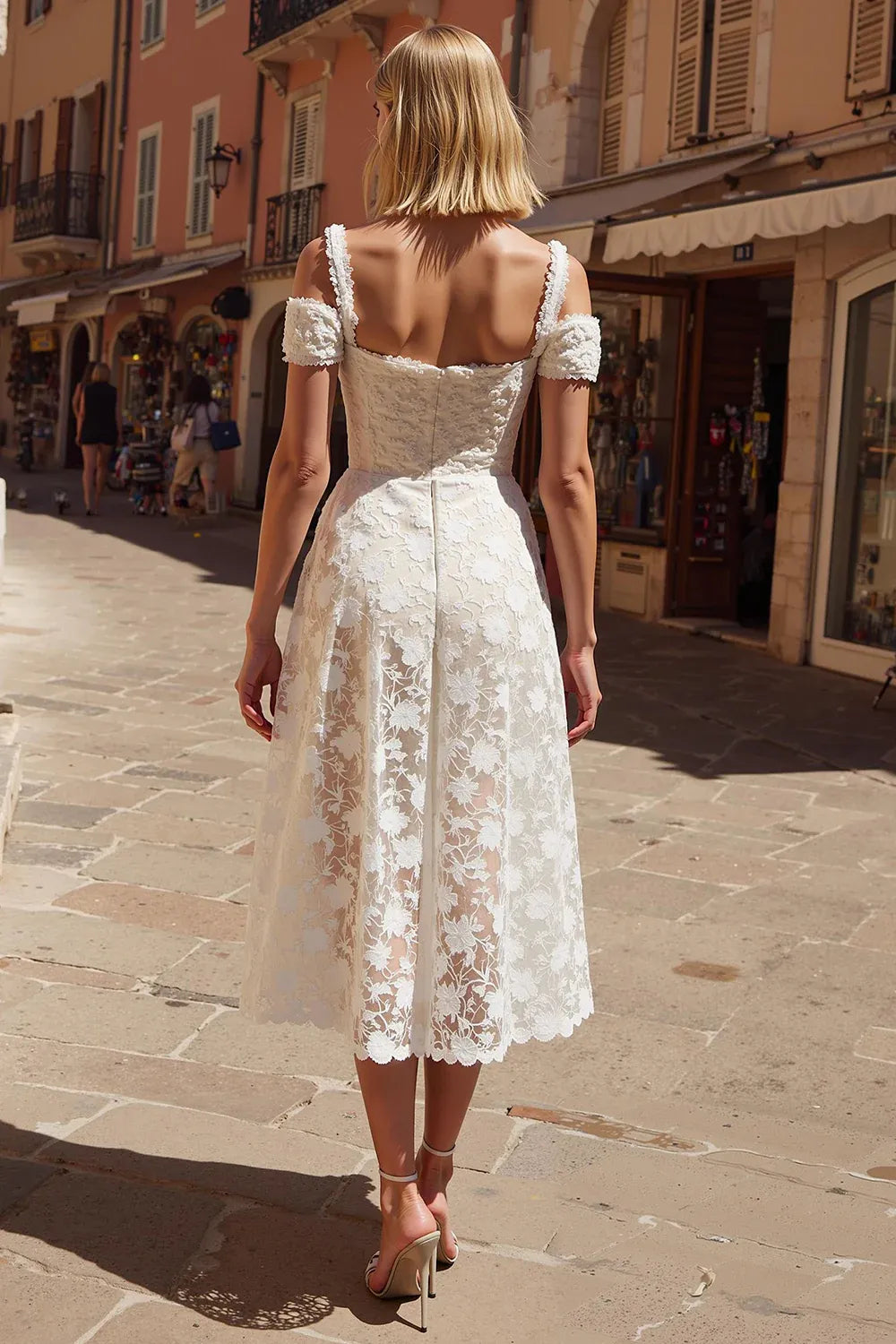 Off-the-Shoulder Floral Lace Midi Wedding Dress with Slit