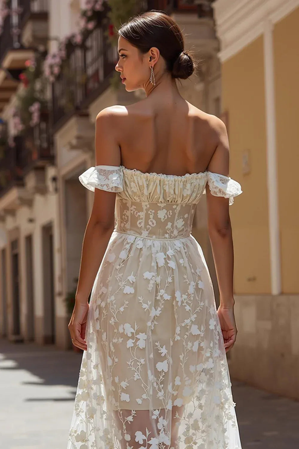 Off-the-Shoulder Floral Tulle Midi Wedding Dress