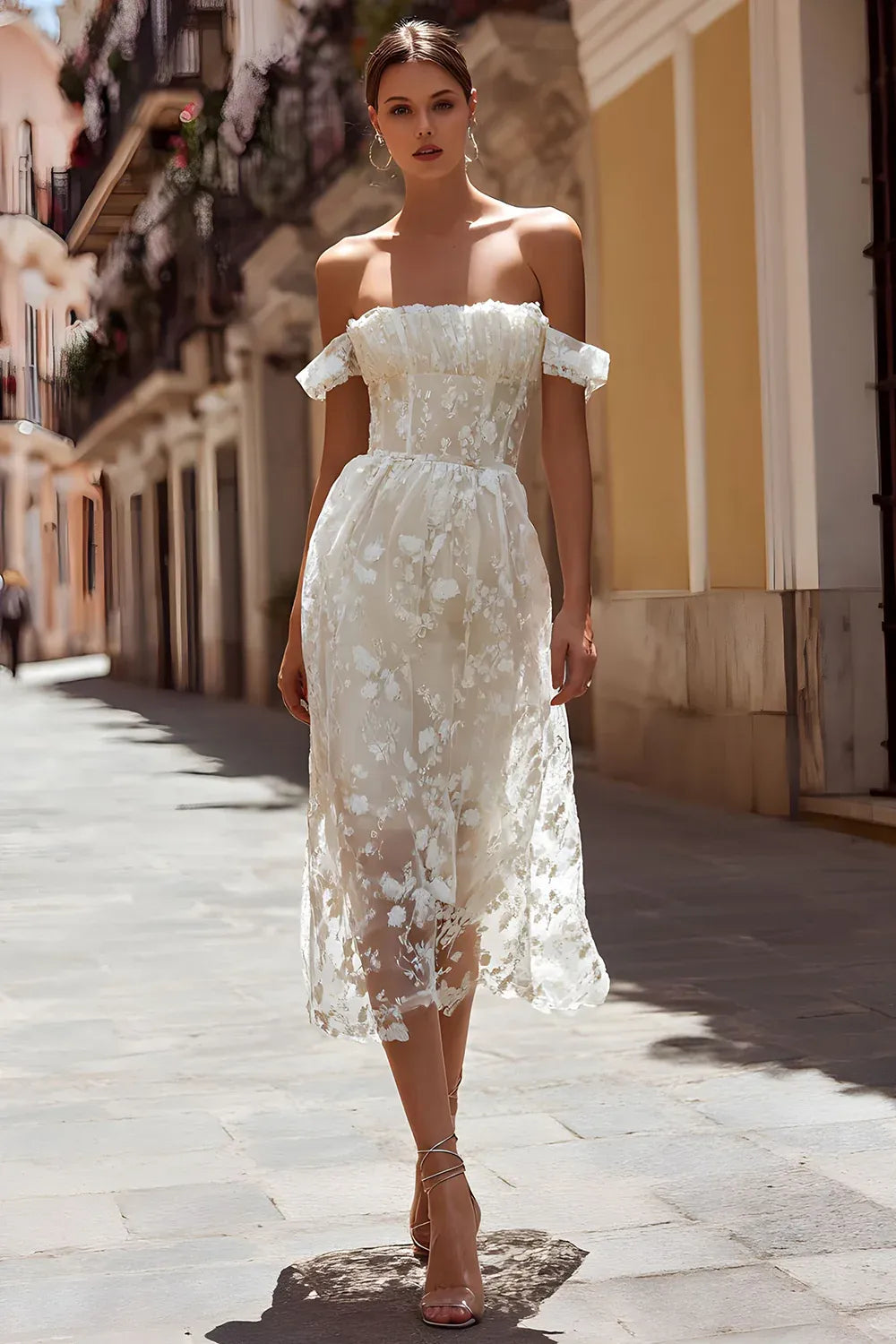 Off-the-Shoulder Floral Tulle Midi Wedding Dress