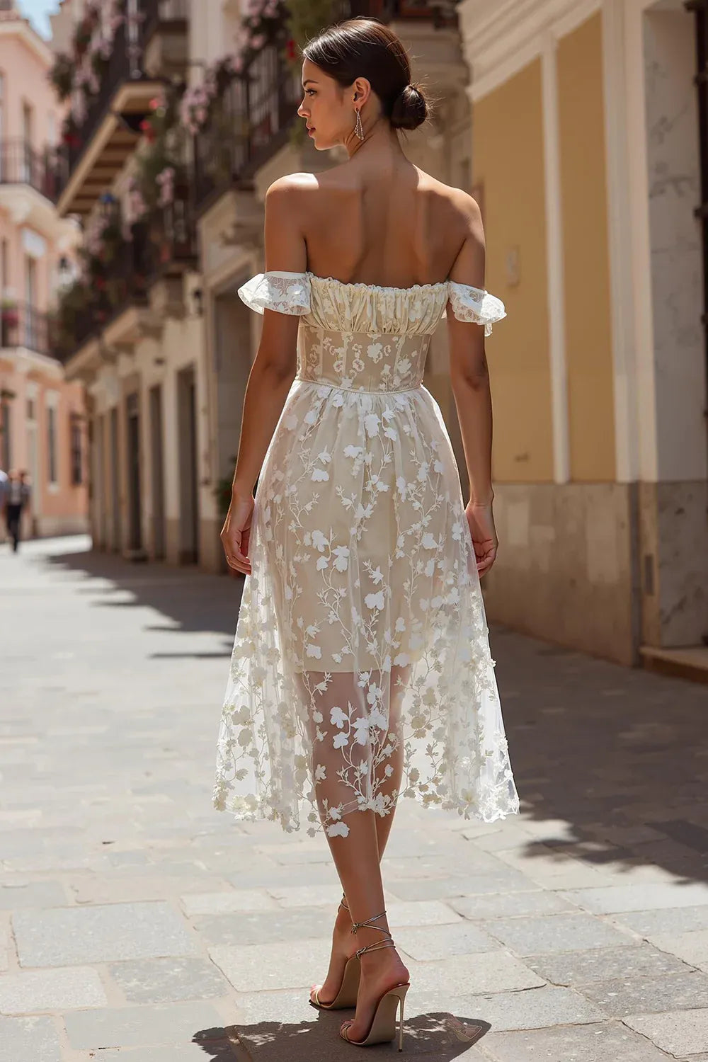 Off-the-Shoulder Floral Tulle Midi Wedding Dress