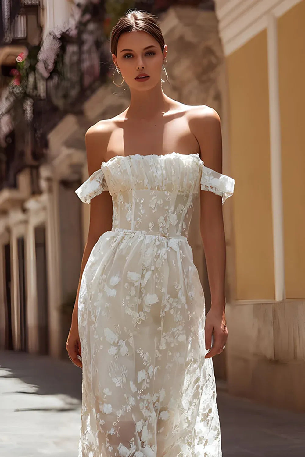Off-the-Shoulder Floral Tulle Midi Wedding Dress