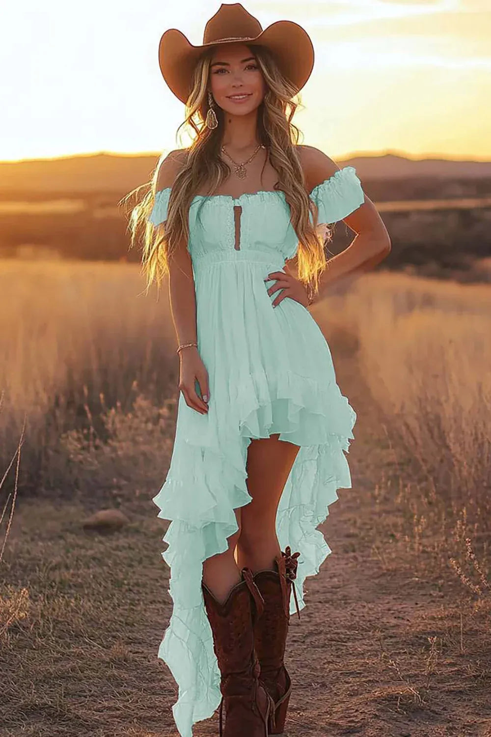 Off-the-Shoulder Keyhole High-Low Ruffle Wedding Dress - Western Bridal Gown