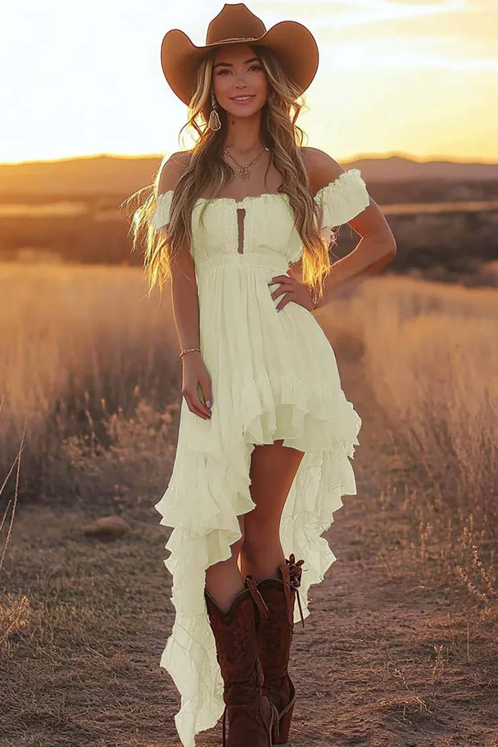 Off-the-Shoulder Keyhole High-Low Ruffle Wedding Dress - Western Bridal Gown