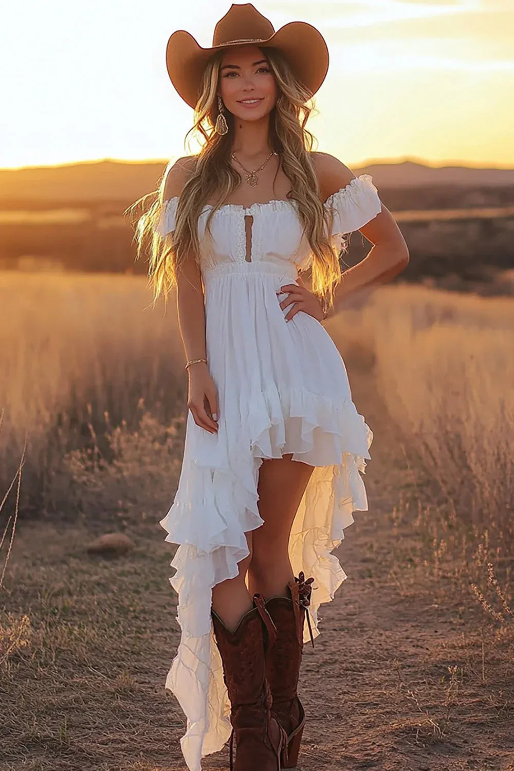 Off-the-Shoulder Keyhole High-Low Ruffle Wedding Dress - Western Bridal Gown