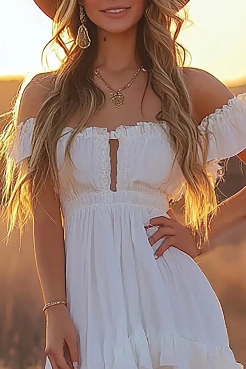 Off-the-Shoulder Keyhole High-Low Ruffle Wedding Dress - Western Bridal Gown