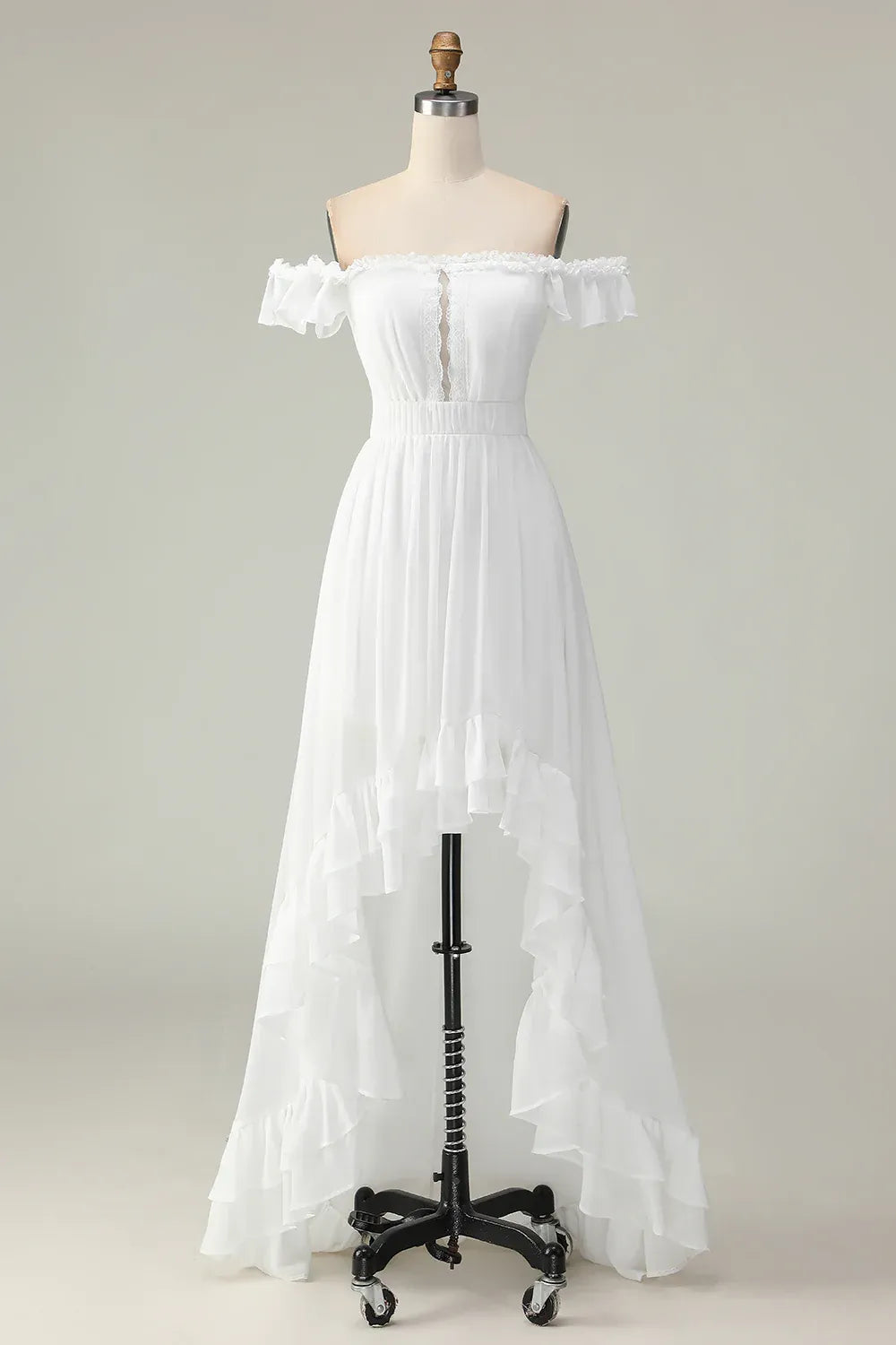 Off-the-Shoulder Keyhole High-Low Ruffle Wedding Dress - Western Bridal Gown