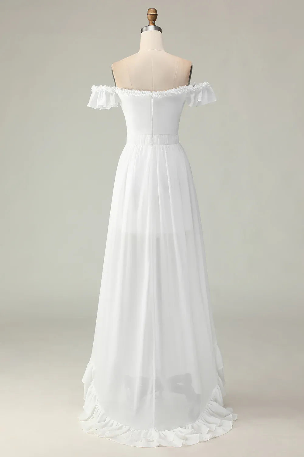 Off-the-Shoulder Keyhole High-Low Ruffle Wedding Dress - Western Bridal Gown