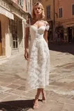 Off-the-Shoulder Lace A-Line Midi Wedding Dress with Sweetheart Neckli