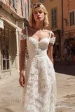 Off-the-Shoulder Lace A-Line Midi Wedding Dress with Sweetheart Neckli