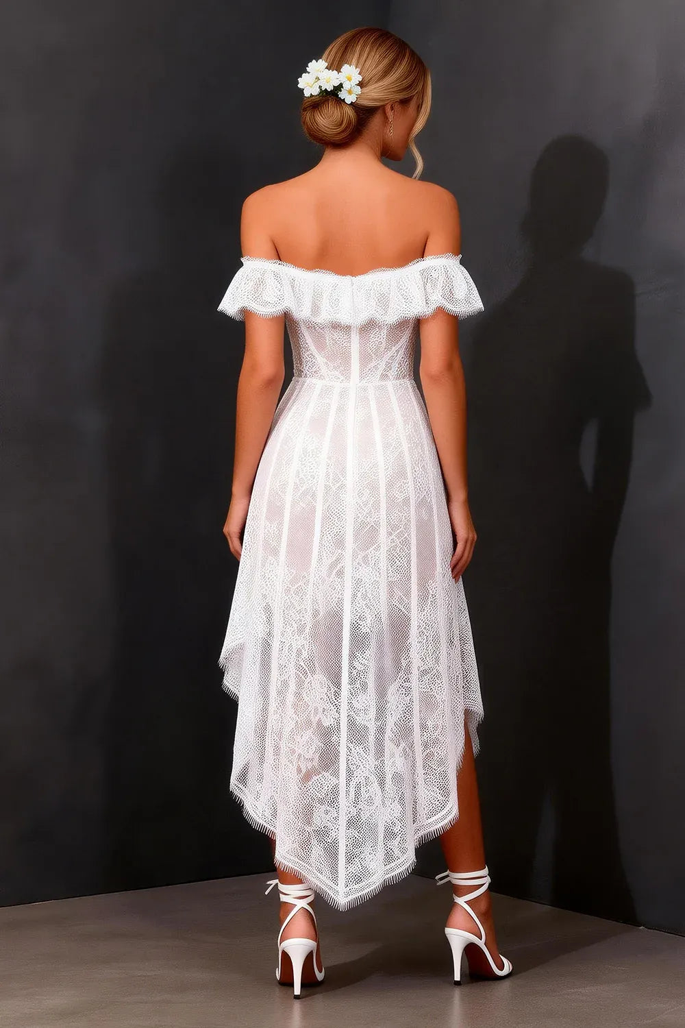 Off-the-Shoulder Lace Corset High-Low Wedding Dress