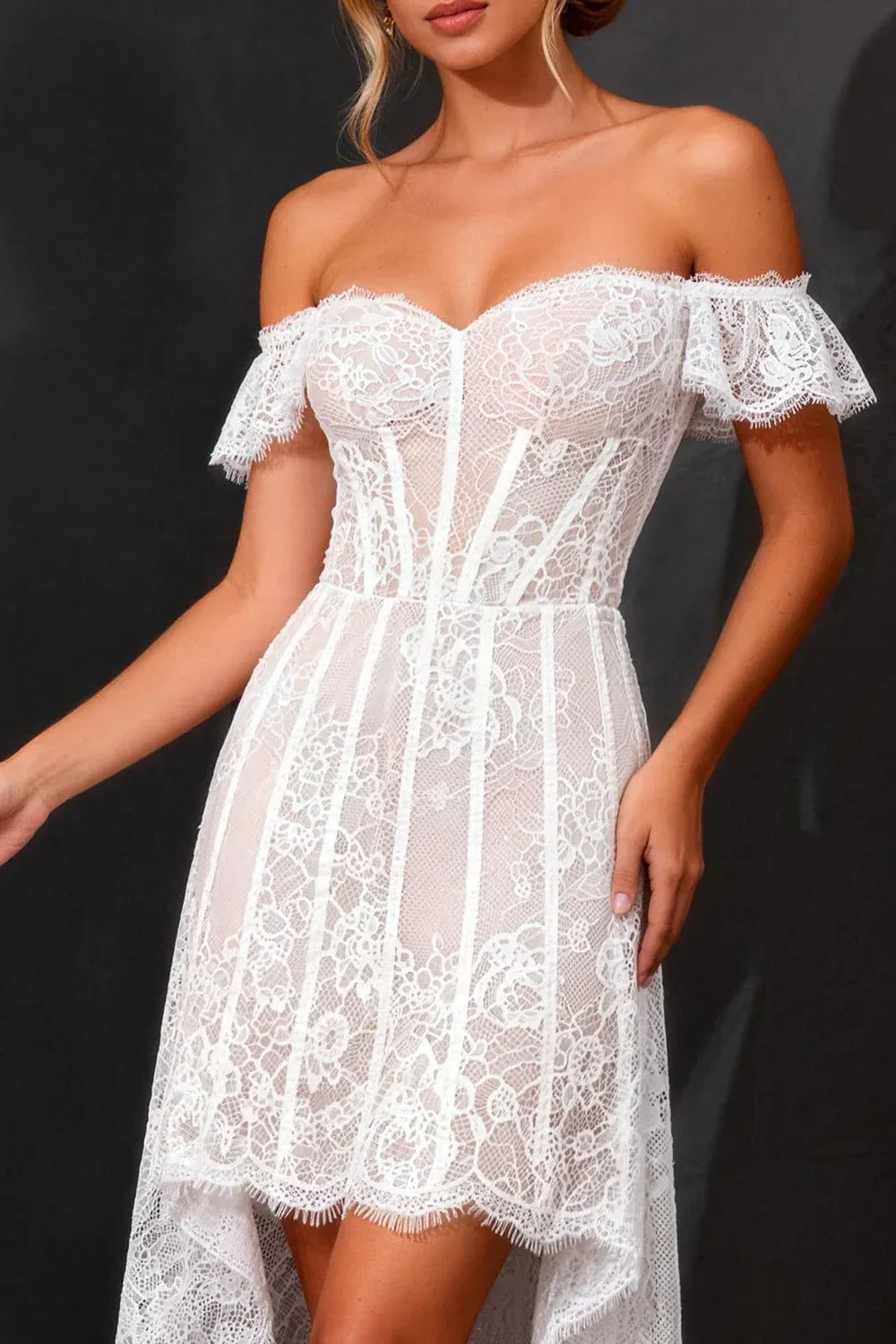 Off-the-Shoulder Lace Corset High-Low Wedding Dress