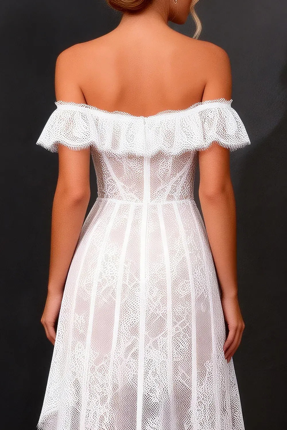 Off-the-Shoulder Lace Corset High-Low Wedding Dress