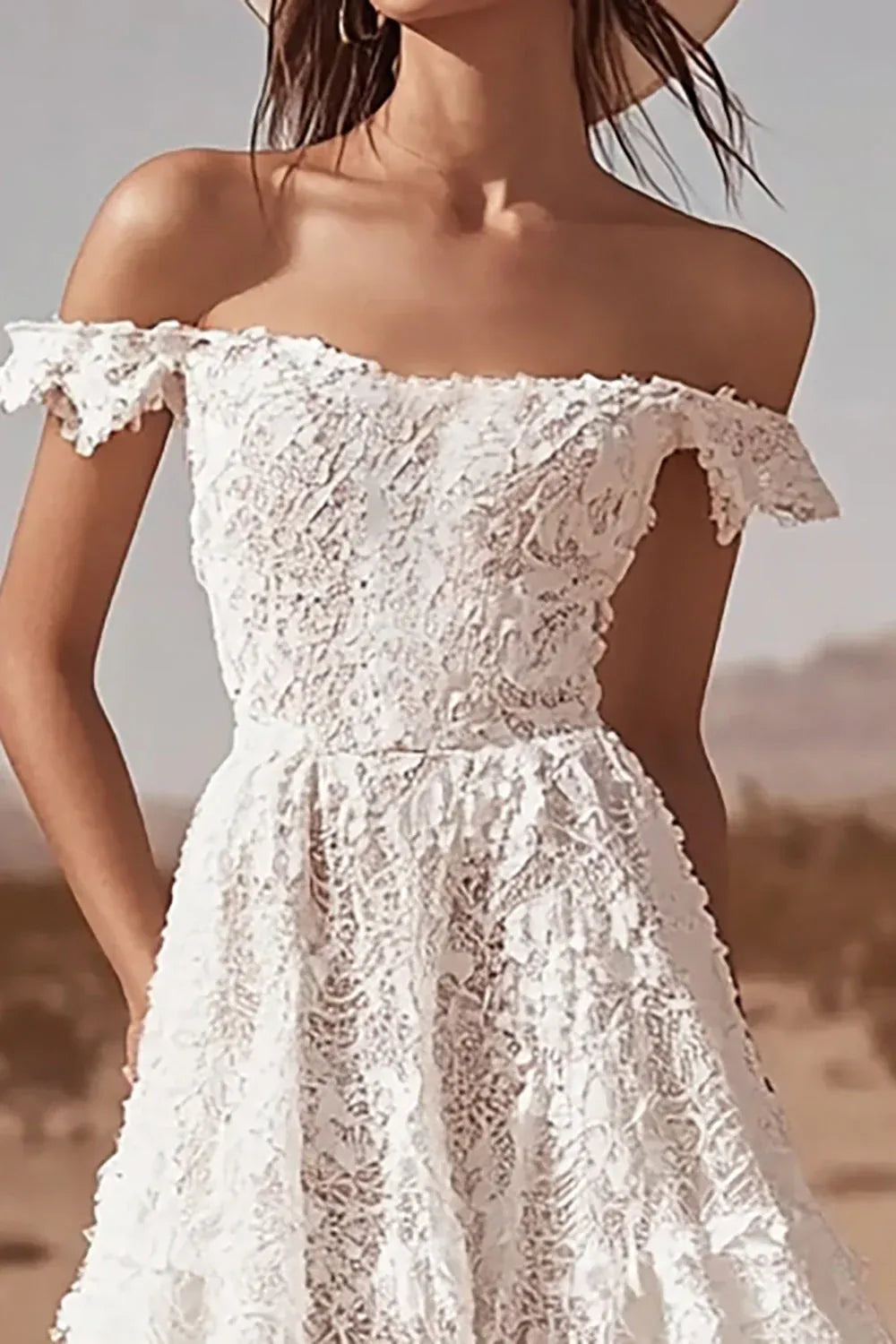 Off-the-Shoulder Lace High-Low Wedding Dress - Western Desert Bridal Gown