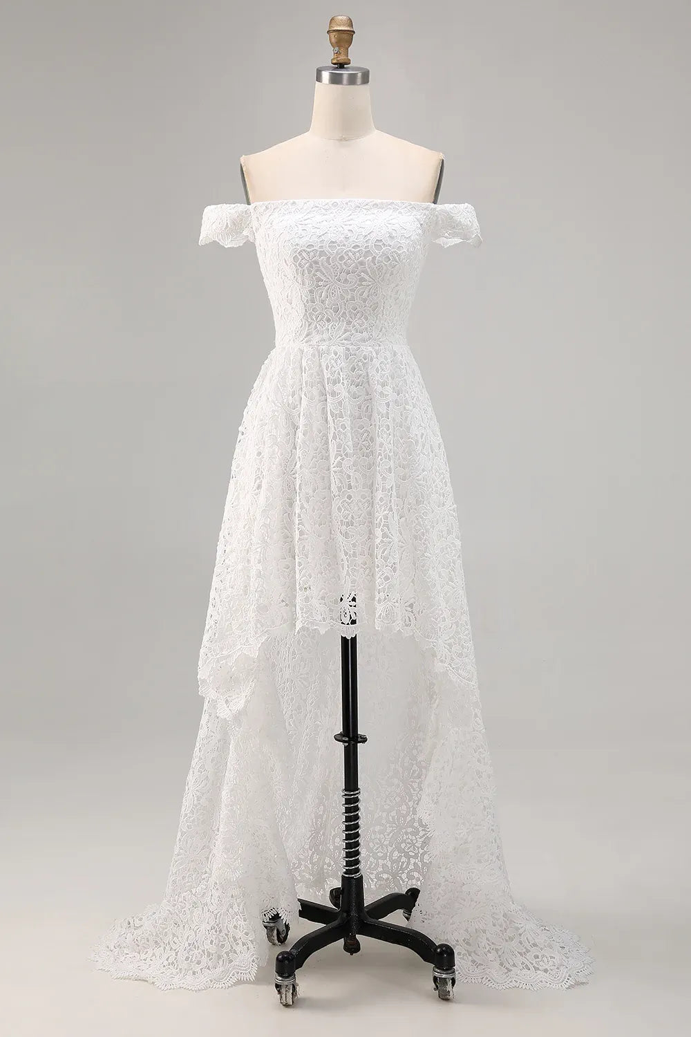 Off-the-Shoulder Lace High-Low Wedding Dress - Western Desert Bridal Gown