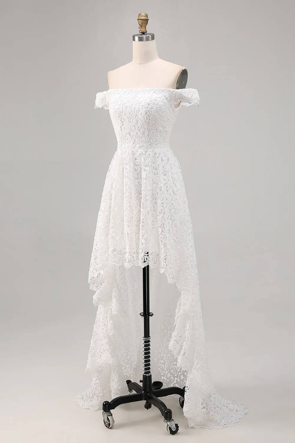 Off-the-Shoulder Lace High-Low Wedding Dress - Western Desert Bridal Gown