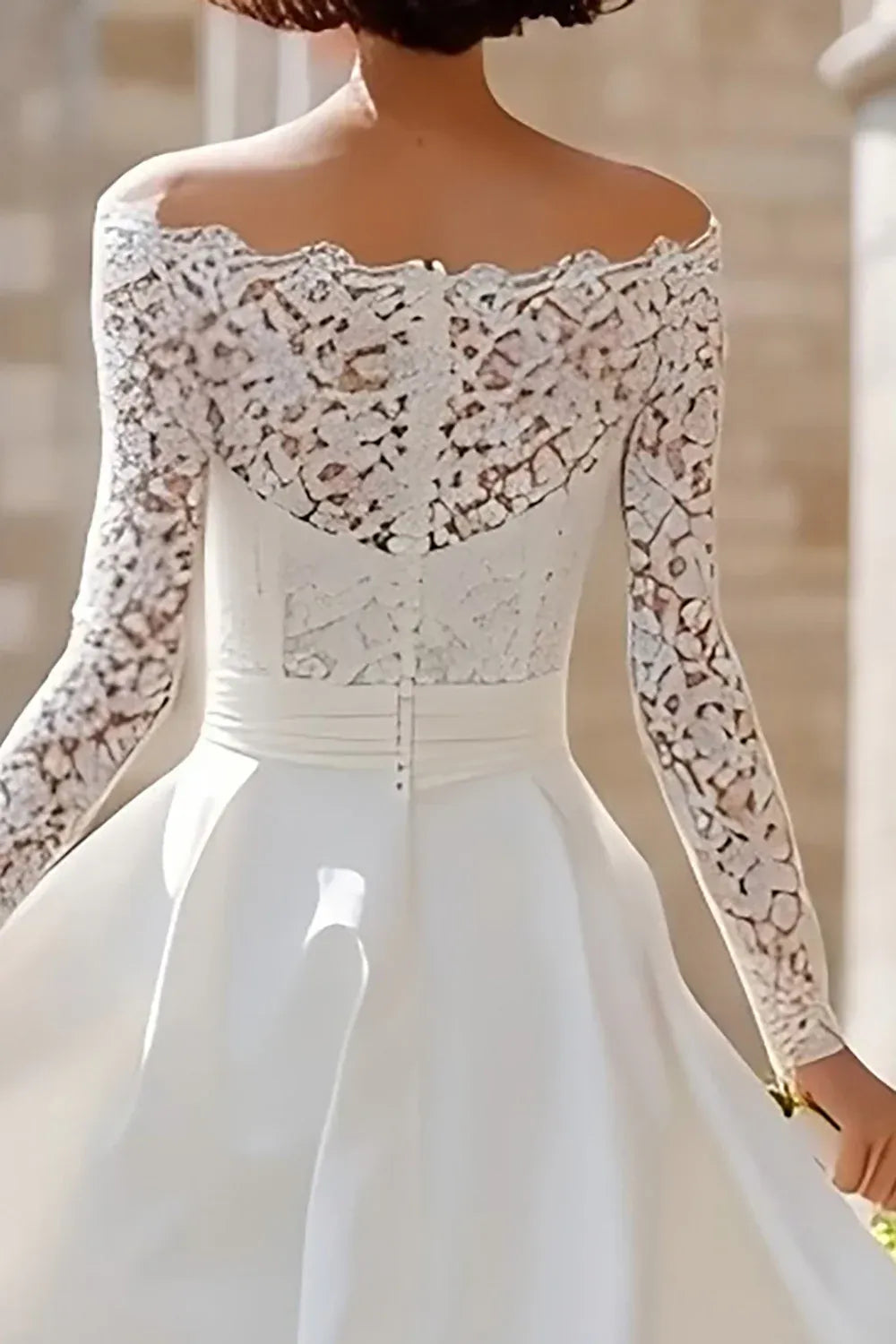 Off-the-Shoulder Lace High-Low Wedding Dress with Long Sleeves