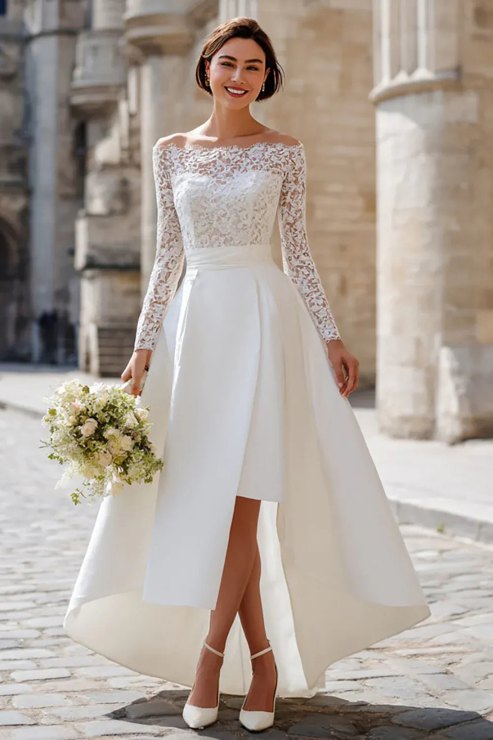 Off-the-Shoulder Lace High-Low Wedding Dress with Long Sleeves