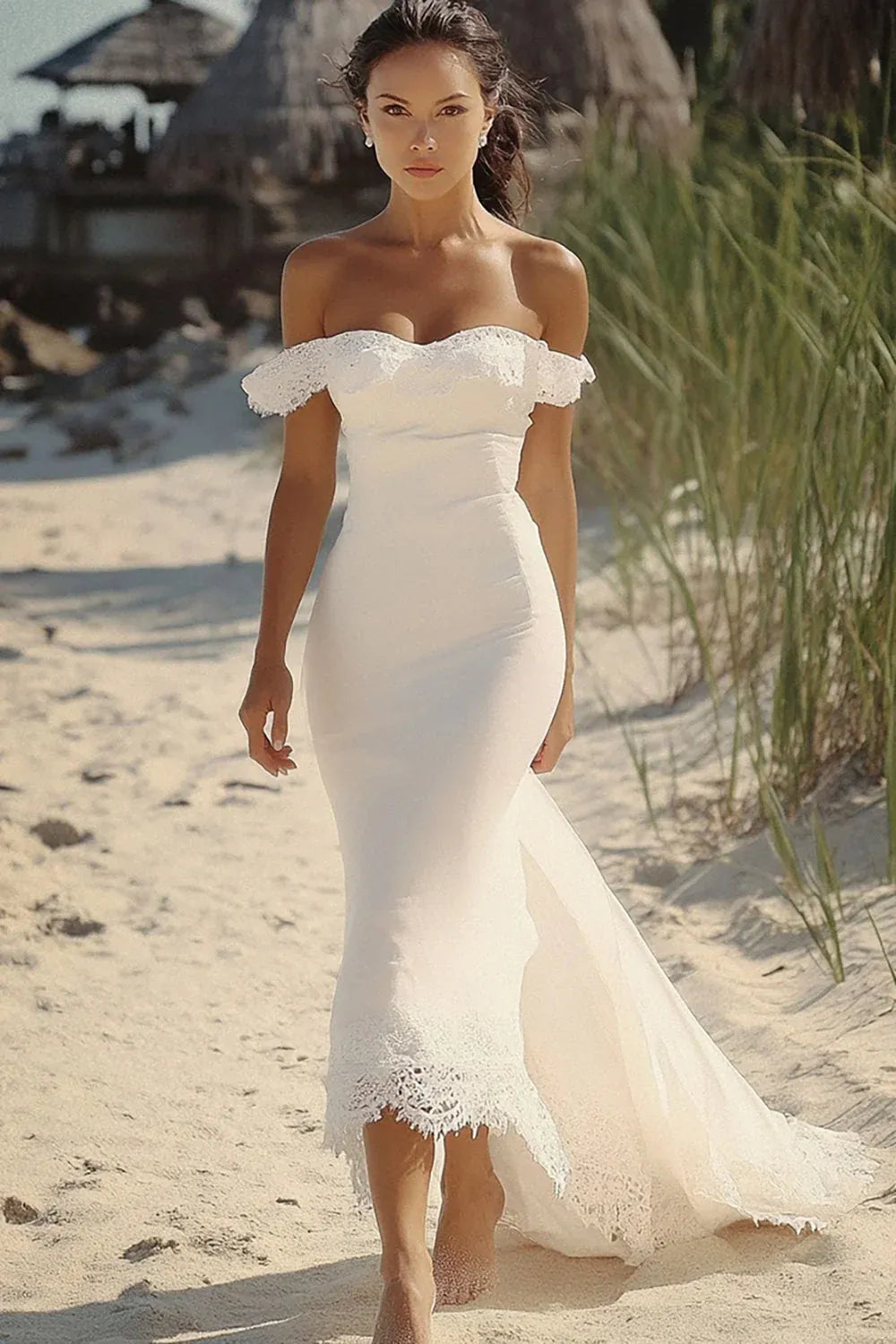 Off-the-Shoulder Lace Mermaid Wedding Dress with Asymmetrical Hem - Romantic Bridal Gown