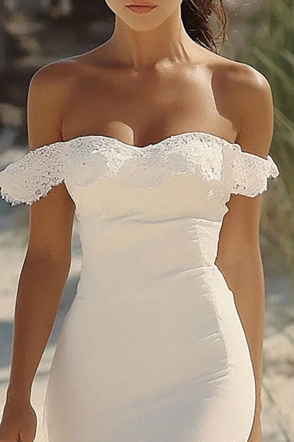Off-the-Shoulder Lace Mermaid Wedding Dress with Asymmetrical Hem - Romantic Bridal Gown