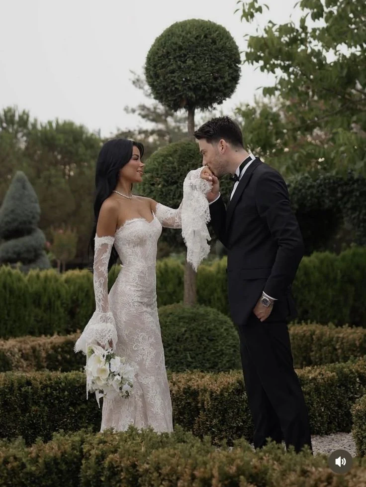 Off-the-Shoulder Lace Mermaid Wedding Dress with Detachable Long Lace Sleeves and Train