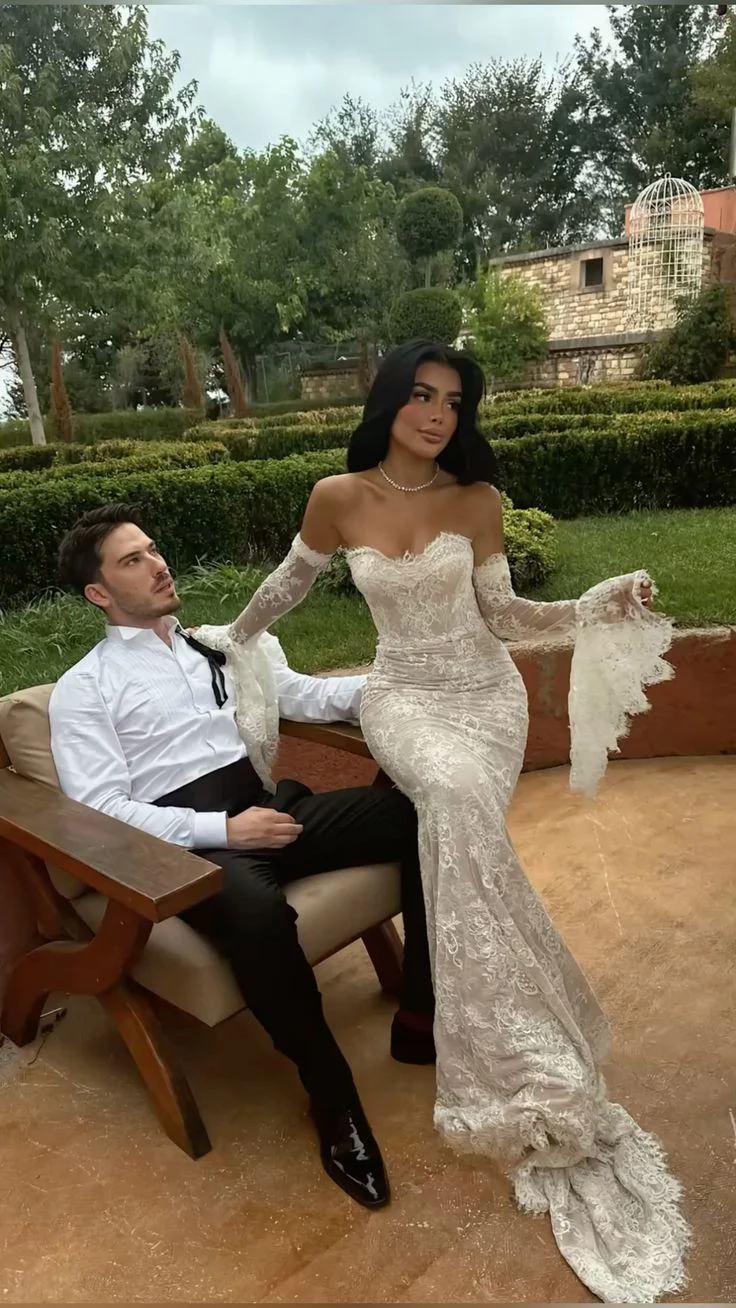 Off-the-Shoulder Lace Mermaid Wedding Dress with Detachable Long Lace Sleeves and Train