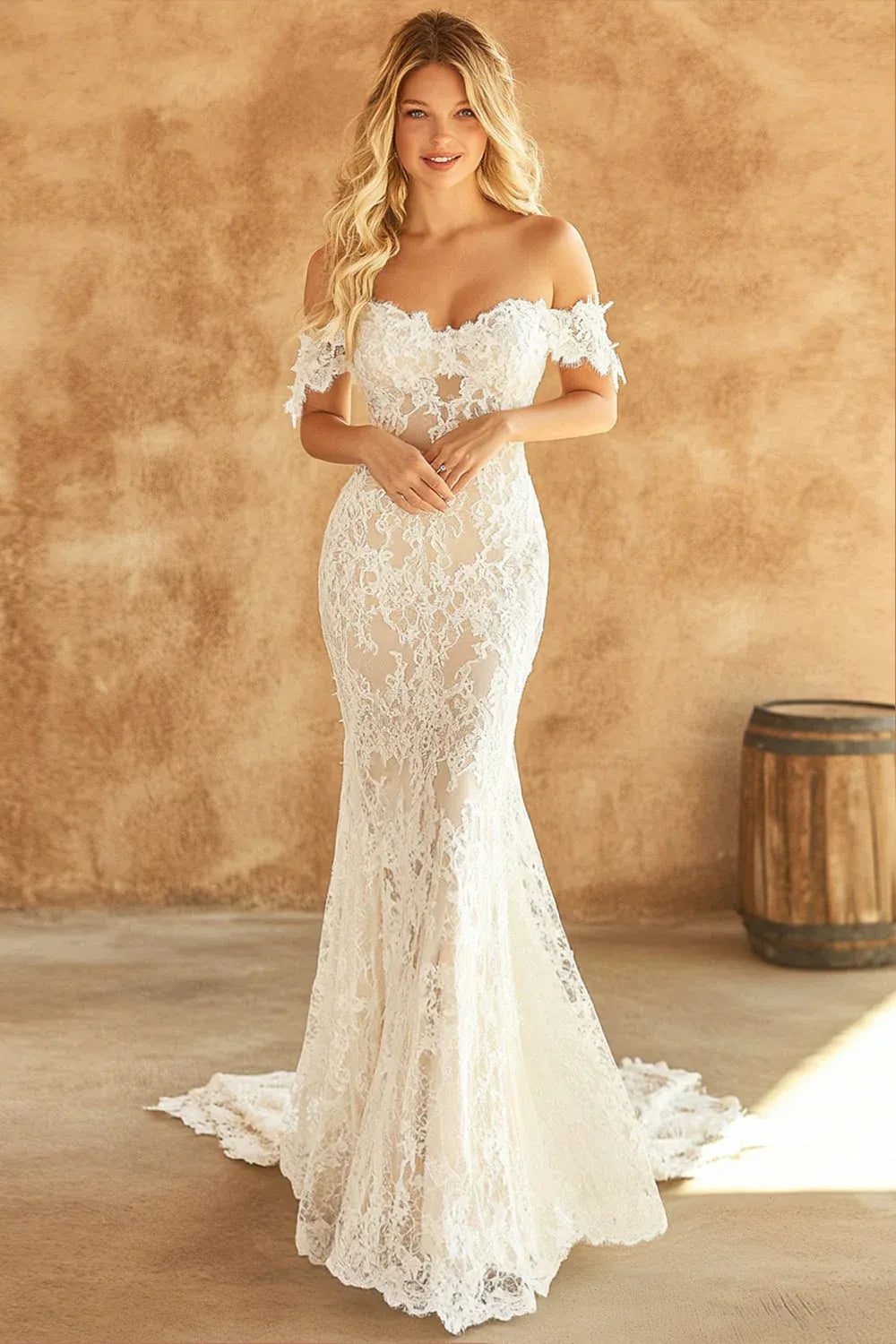 Off-the-Shoulder Lace Mermaid Wedding Dress with Sheer Bodice - Romantic Bridal Gown