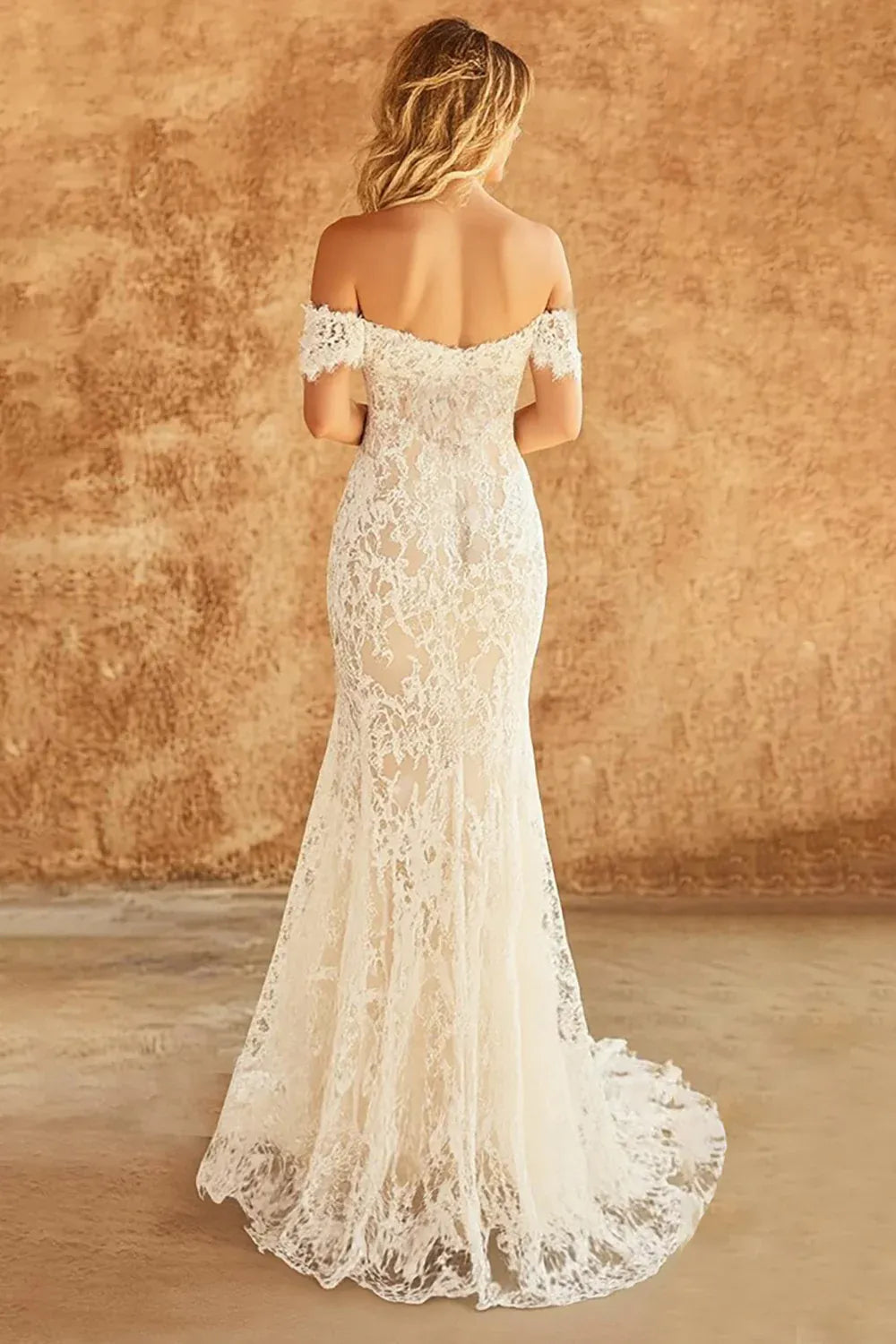 Off-the-Shoulder Lace Mermaid Wedding Dress with Sheer Bodice - Romantic Bridal Gown