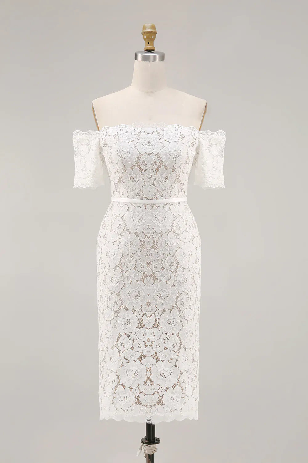 Off-the-Shoulder Lace Midi Wedding Dress with Scalloped Hem