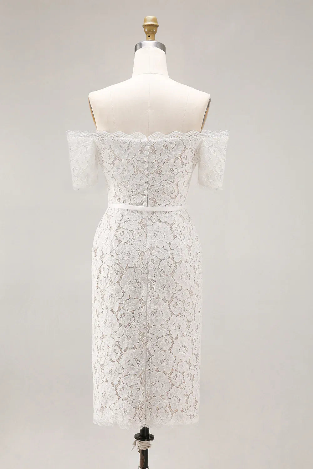 Off-the-Shoulder Lace Midi Wedding Dress with Scalloped Hem