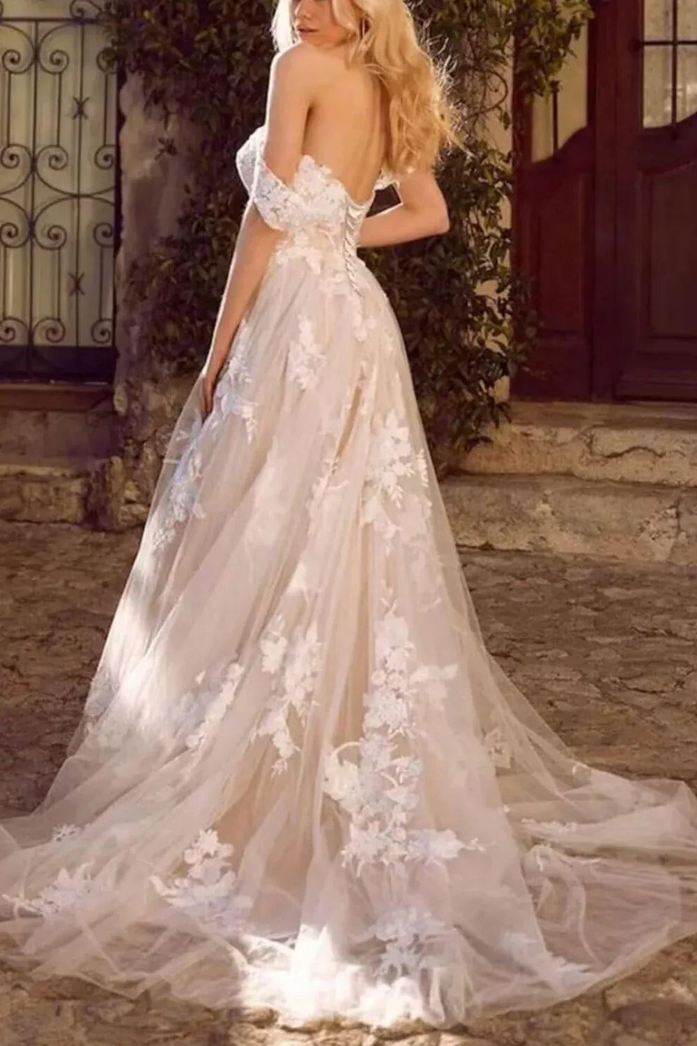 Off-the-Shoulder Lace Tulle A-Line Wedding Dress with Corset Back - Romantic Bridal Gown