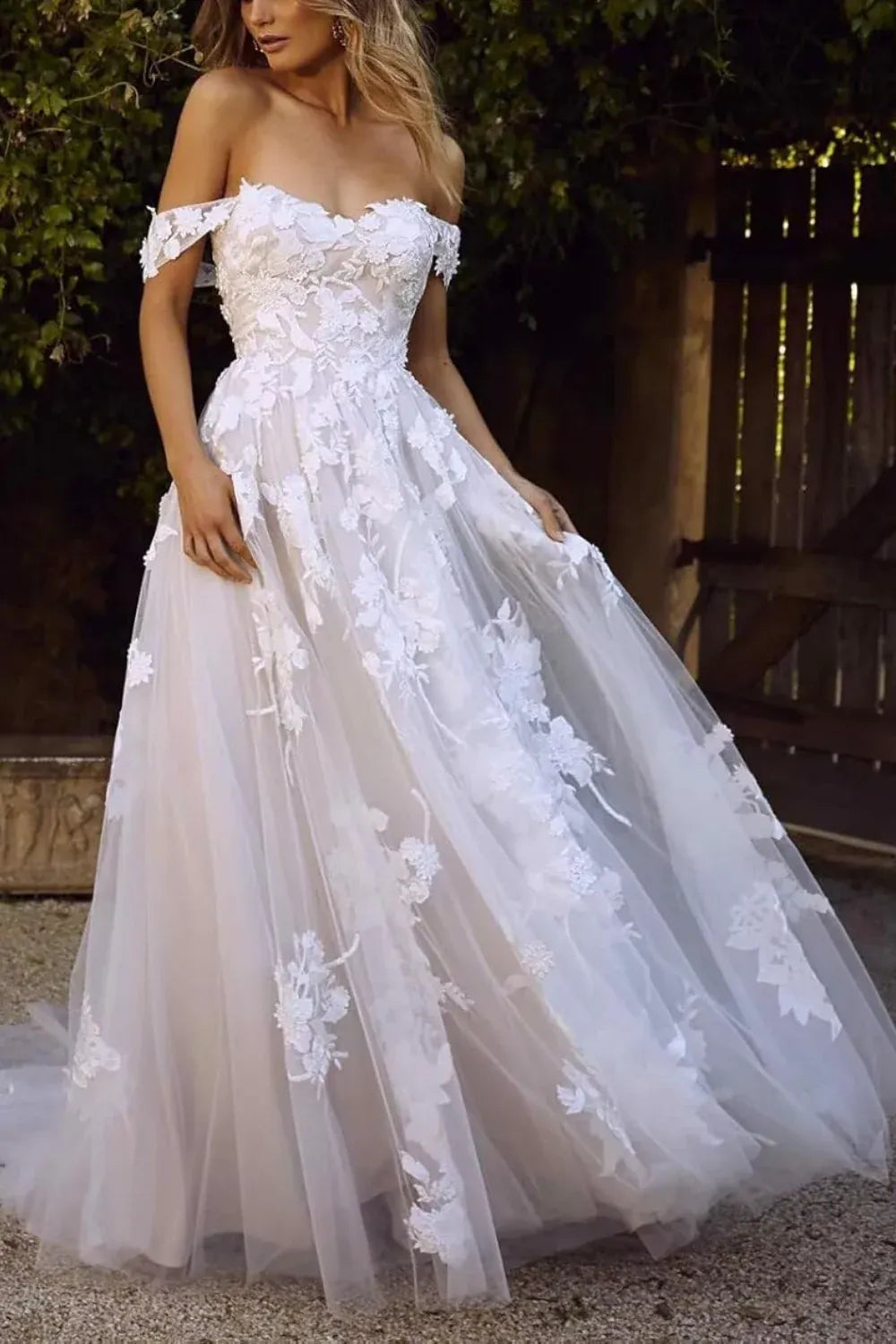 Off-the-Shoulder Lace Tulle A-Line Wedding Dress with Corset Back - Romantic Bridal Gown
