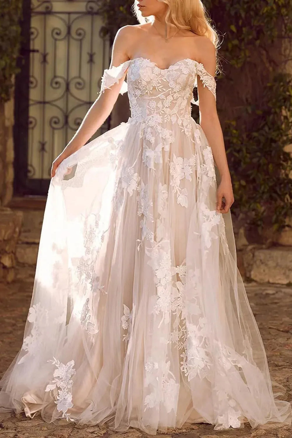 Off-the-Shoulder Lace Tulle A-Line Wedding Dress with Corset Back - Romantic Bridal Gown