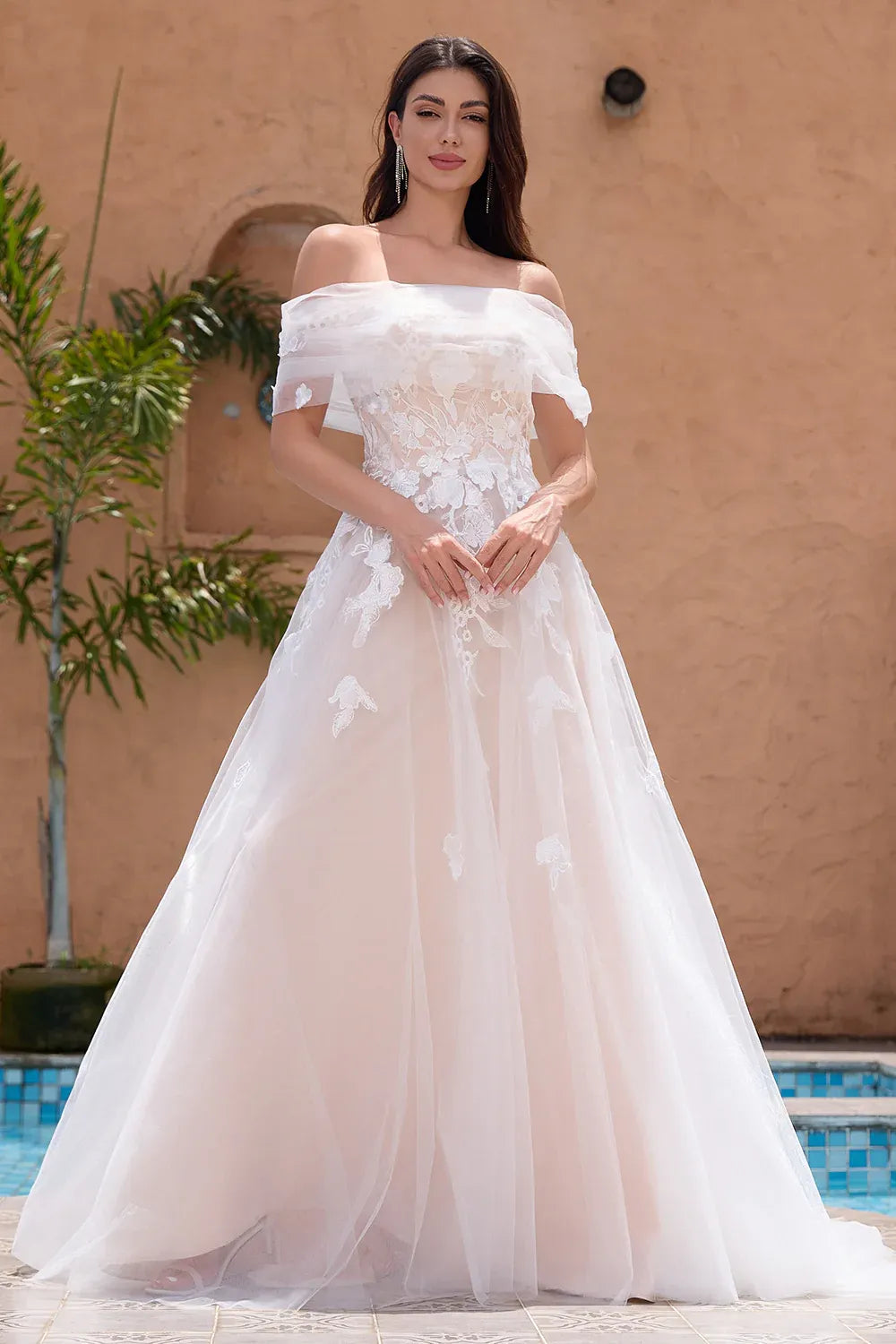 Off-the-Shoulder Lace Tulle A-Line Wedding Dress with Sheer Bodice - Romantic Bridal Gown