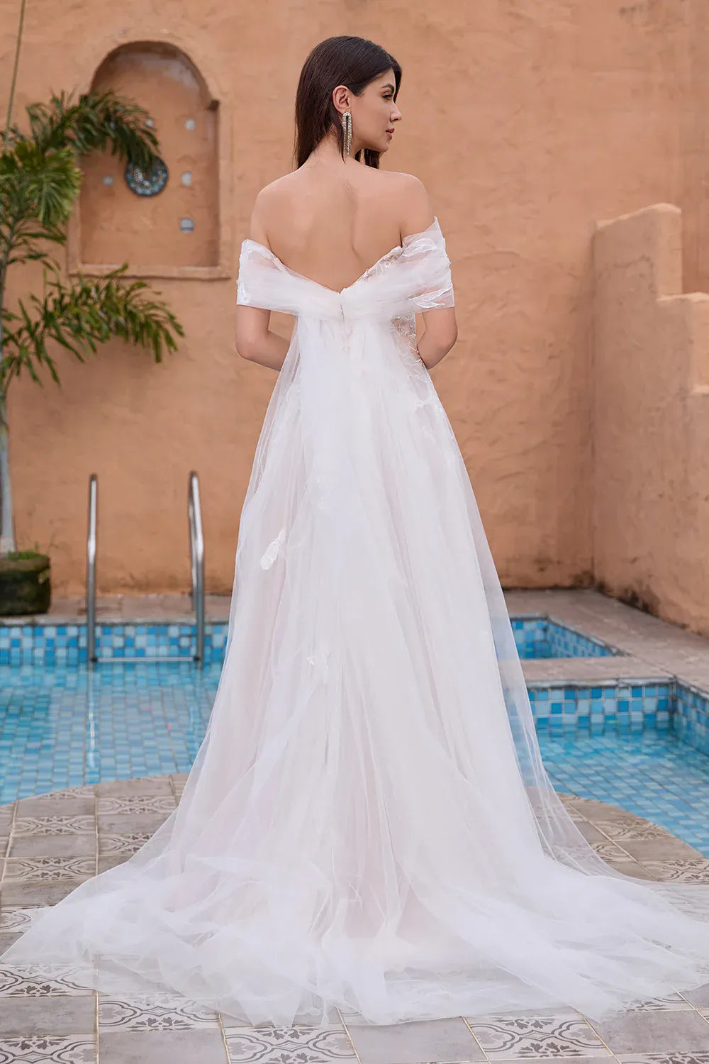 Off-the-Shoulder Lace Tulle A-Line Wedding Dress with Sheer Bodice - Romantic Bridal Gown