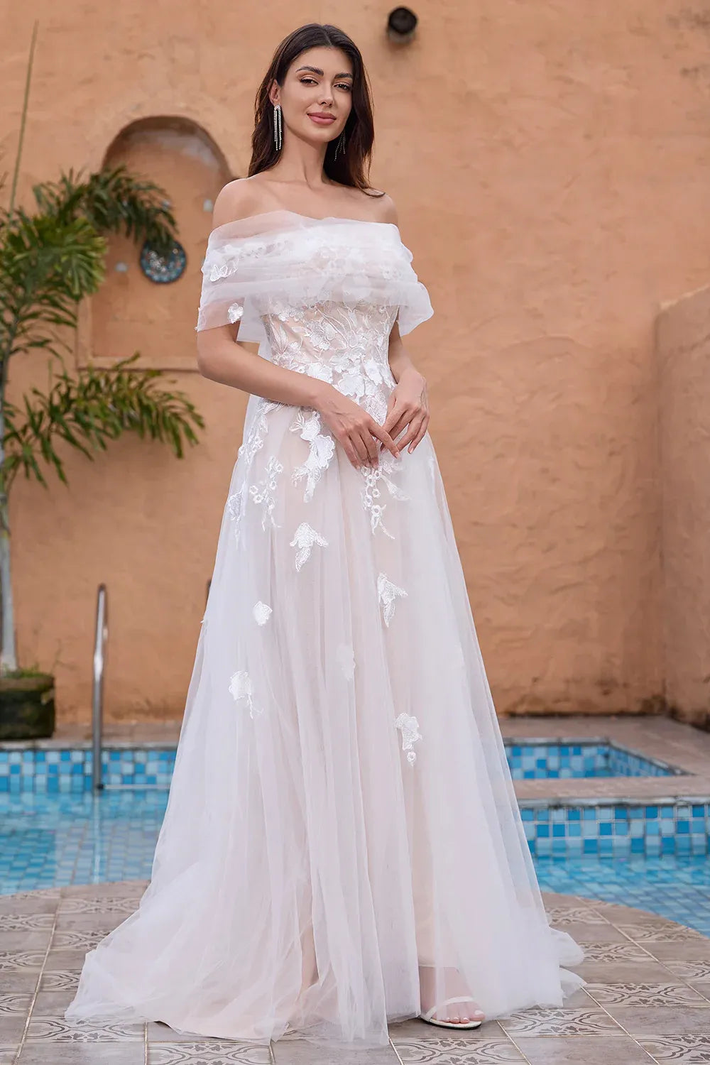 Off-the-Shoulder Lace Tulle A-Line Wedding Dress with Sheer Bodice - Romantic Bridal Gown