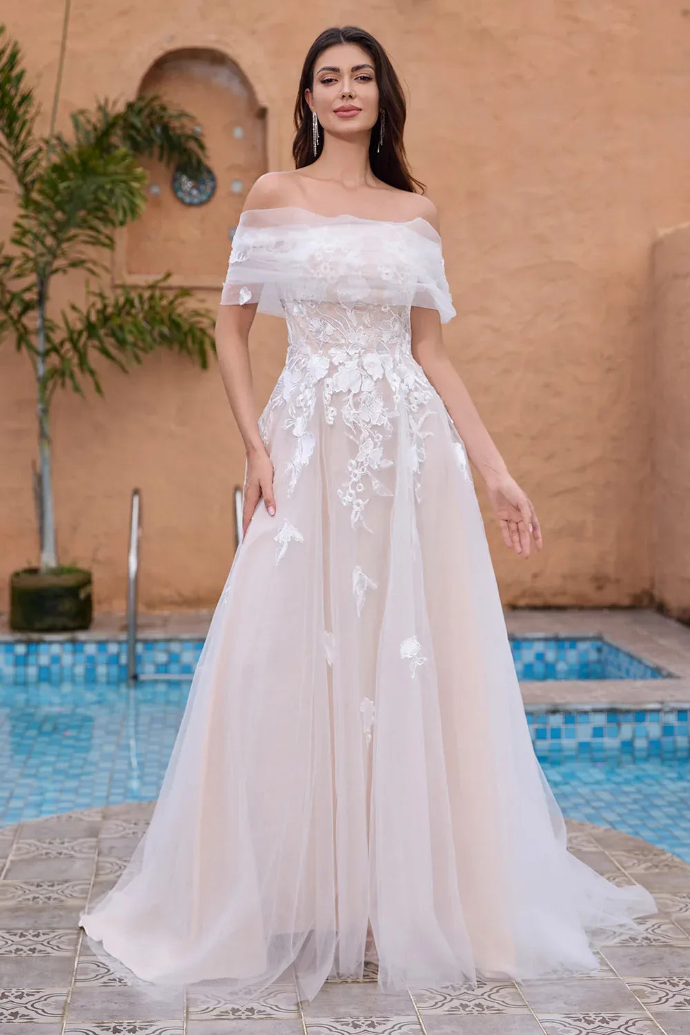 Off-the-Shoulder Lace Tulle A-Line Wedding Dress with Sheer Bodice - Romantic Bridal Gown