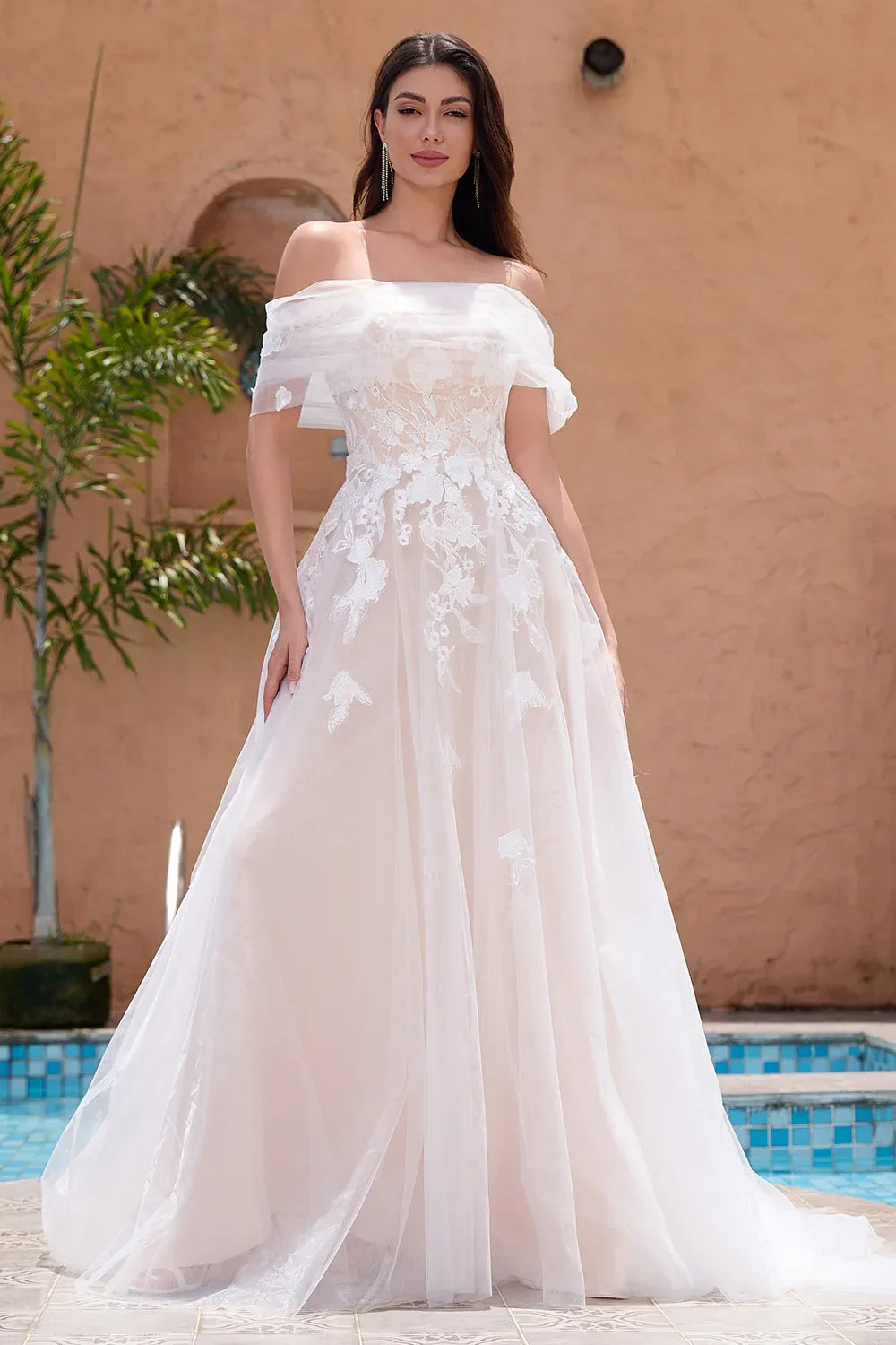 Off-the-Shoulder Lace Tulle A-Line Wedding Dress with Sheer Bodice - Romantic Bridal Gown