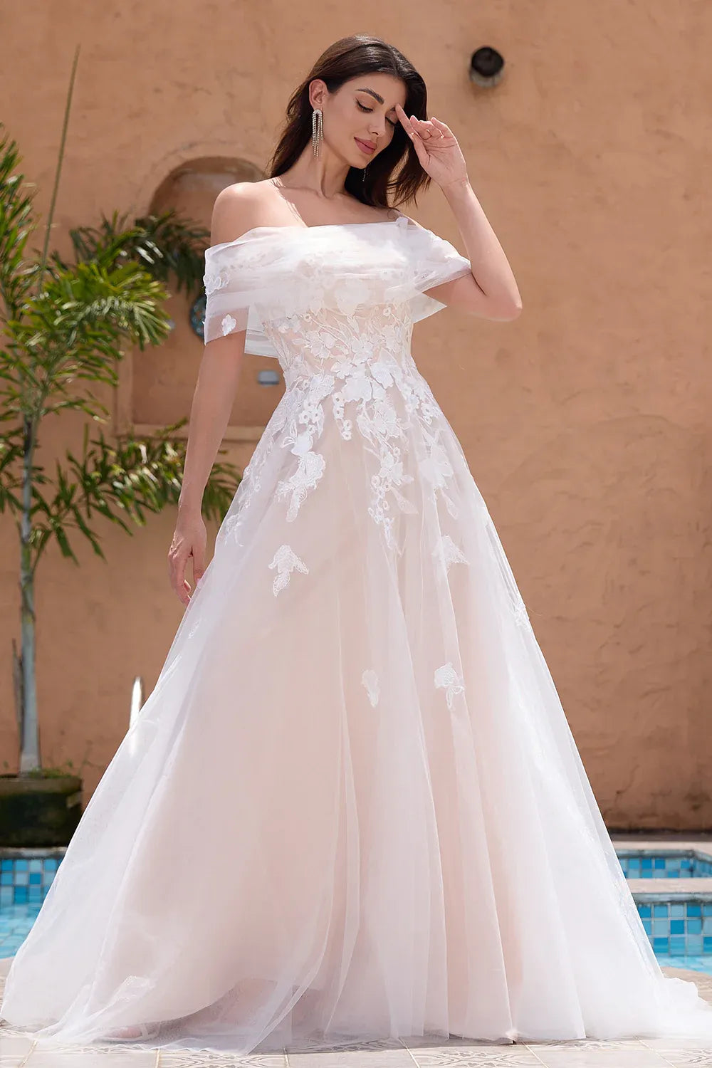 Off-the-Shoulder Lace Tulle A-Line Wedding Dress with Sheer Bodice - Romantic Bridal Gown