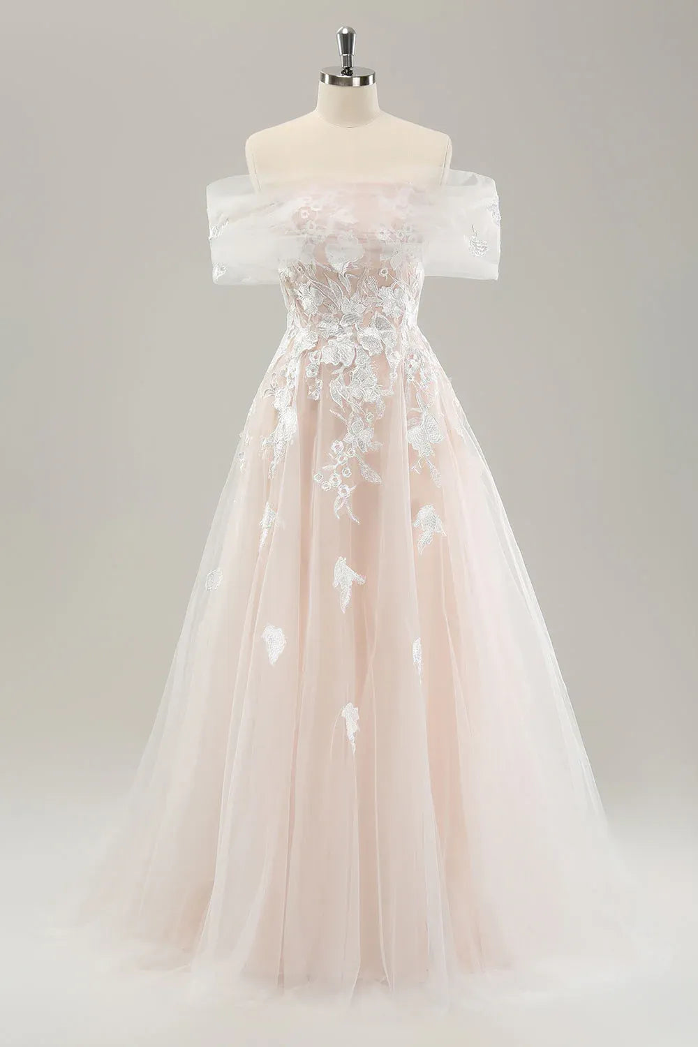 Off-the-Shoulder Lace Tulle A-Line Wedding Dress with Sheer Bodice - Romantic Bridal Gown