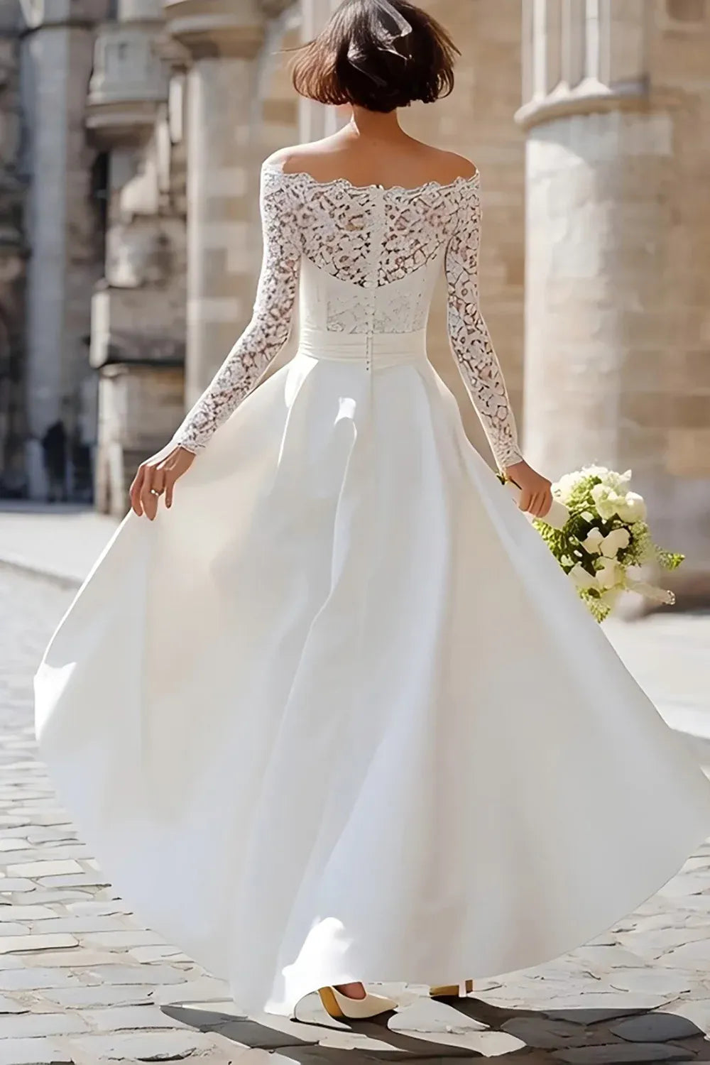 Off-the-Shoulder Lace & Satin High-Low Wedding Dress with Long Sleeves