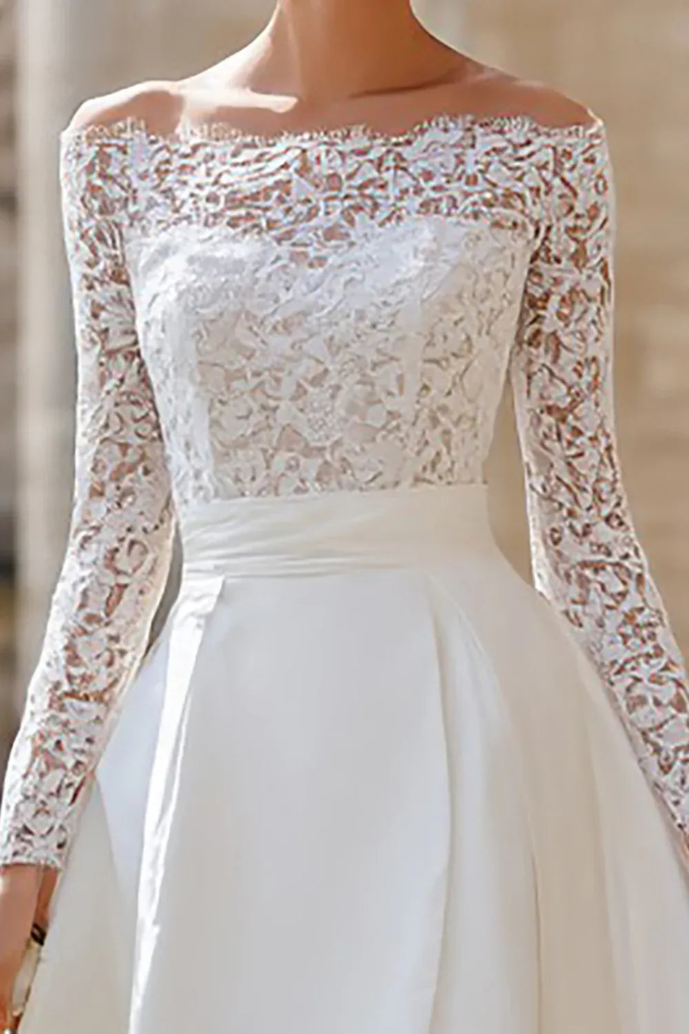 Off-the-Shoulder Lace & Satin High-Low Wedding Dress with Long Sleeves