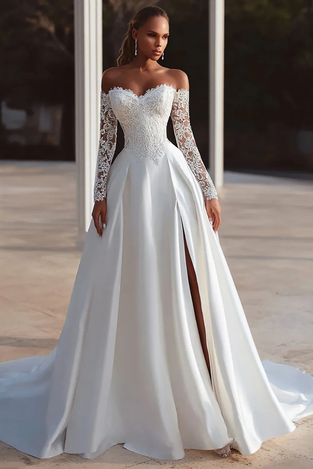 Off-the-Shoulder Lace and Satin A-Line Wedding Dress with Long Sleeves - Classic Bridal Gown