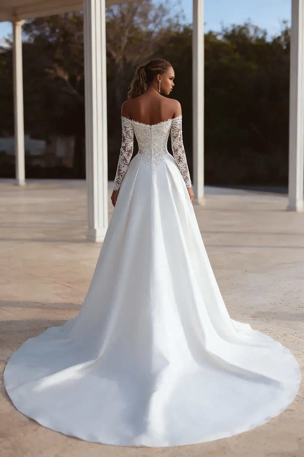 Off-the-Shoulder Lace and Satin A-Line Wedding Dress with Long Sleeves - Classic Bridal Gown
