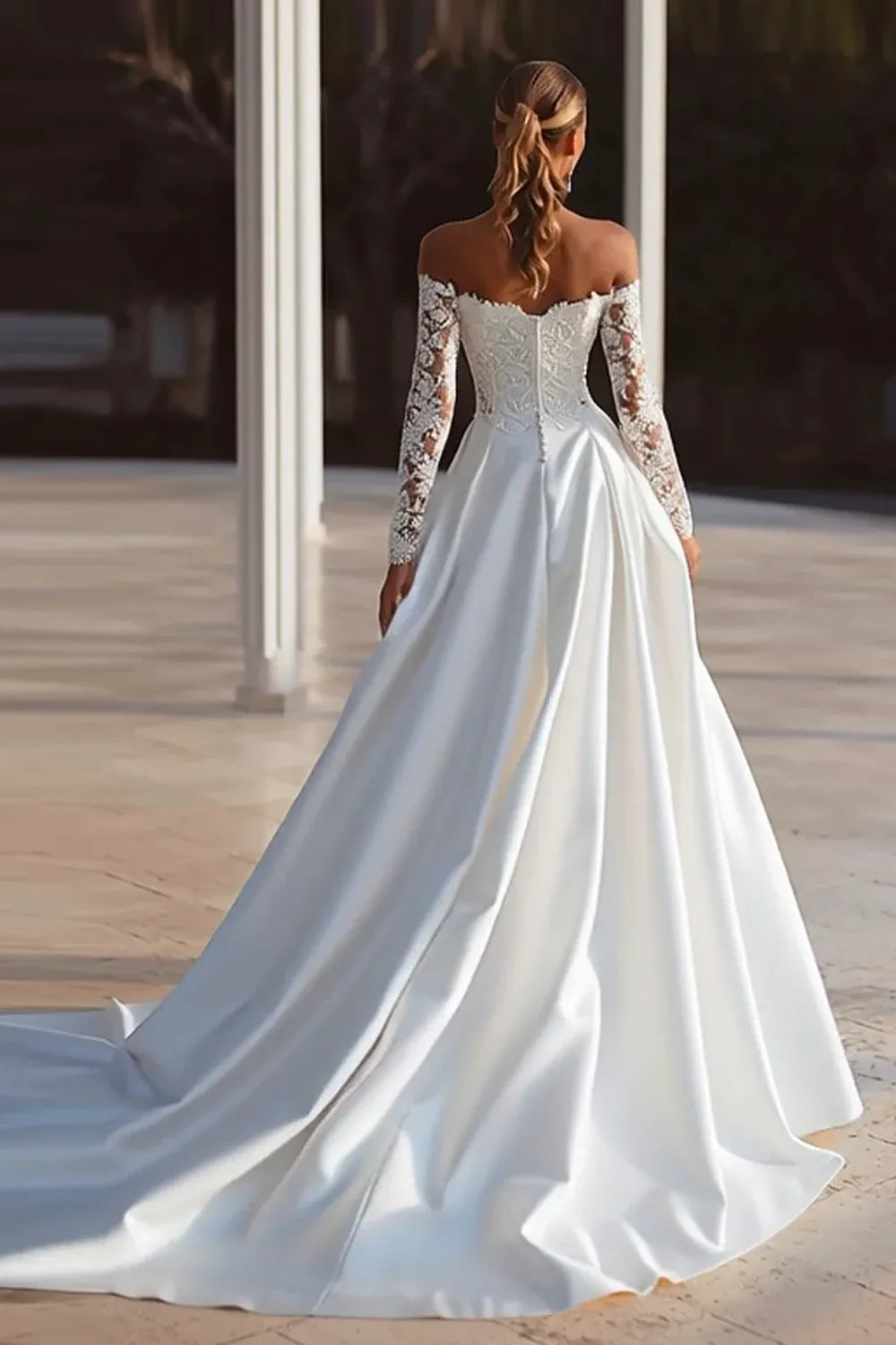 Off-the-Shoulder Lace and Satin A-Line Wedding Dress with Long Sleeves - Classic Bridal Gown