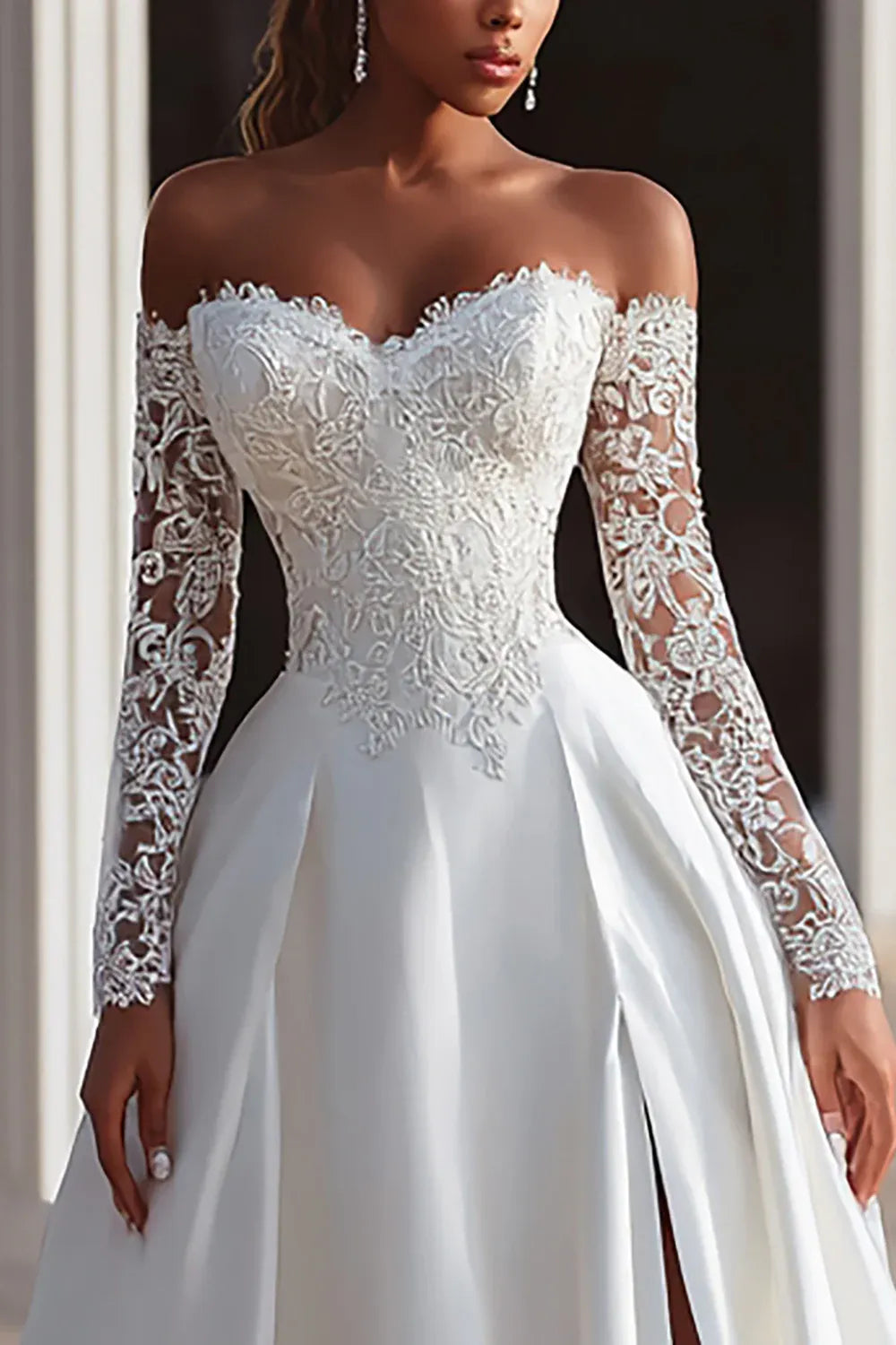 Off-the-Shoulder Lace and Satin A-Line Wedding Dress with Long Sleeves - Classic Bridal Gown