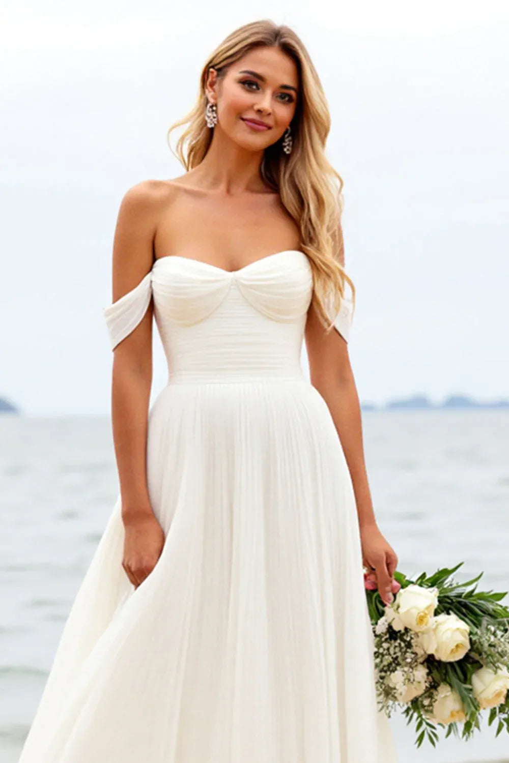 Off-the-Shoulder Pleated Chiffon A-Line Beach Wedding Dress