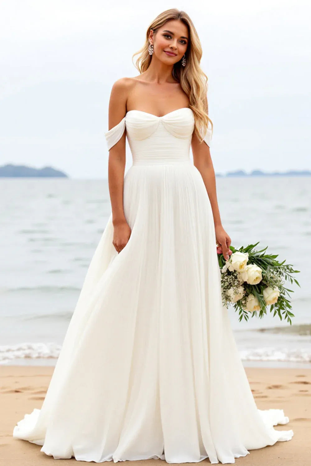 Off-the-Shoulder Pleated Chiffon A-Line Beach Wedding Dress